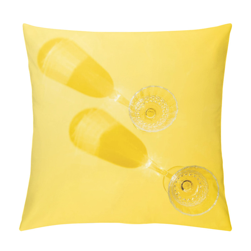 Personality  Two Glasses Of Wine With Shadows On Yellow Background. Illuminating. Minimal Flat Lay. Ideal Background For Summer. Pillow Covers