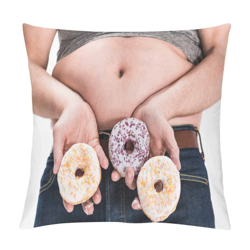 Personality  Cropped View Of Overweight Man Showing Belly And Holding Donuts Isolated On White Pillow Covers