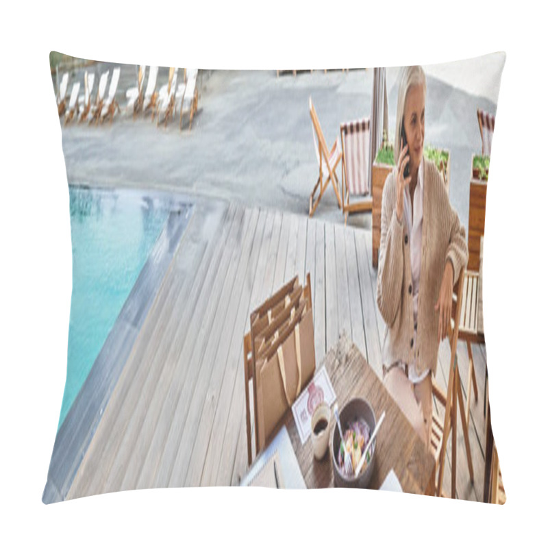 Personality  A Beautiful Woman With Gray Hair Converses On The Phone While Savoring Her Meal By The Water. Pillow Covers