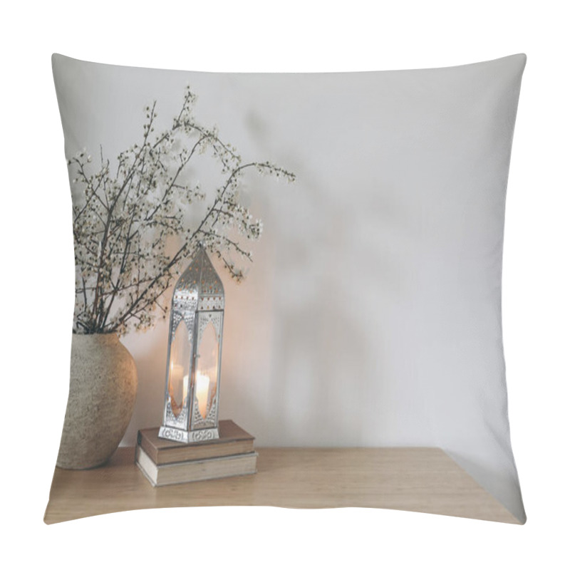 Personality  White Flowers, Blooming Prunus Tree Branches In Vase. Glowing Moroccan Lantern On Books. Wooden Table. White Wall Background. Iftar Dinner. Ramadan Kareem Greeting Card, Eid Ul Fitr Muslim Holiday. Pillow Covers