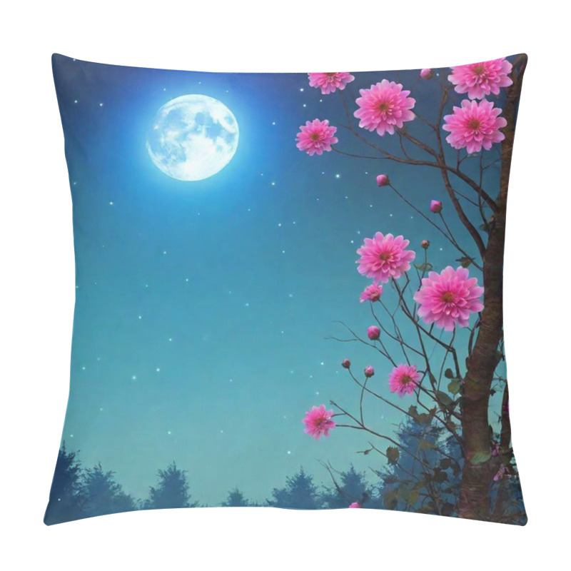 Personality  A High-resolution Digital Artwork Of An Enchanting Night Scene Features A Full Moon Glowing Brilliantly Behind A Tree With Vibrant Pink Blossoms And Delicate Branches. Butterflies Flutter Near The Flowers, Illuminated By Mysterious, Ethereal Light Pillow Covers