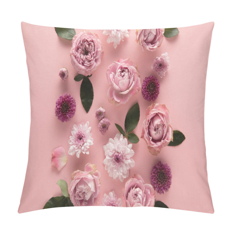 Personality  Top View Of Blooming Spring Flowers On Pink Background Pillow Covers