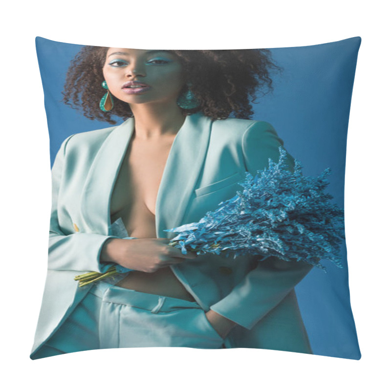 Personality  Attractive African American Woman Holding Bouquet Isolated On Blue Pillow Covers