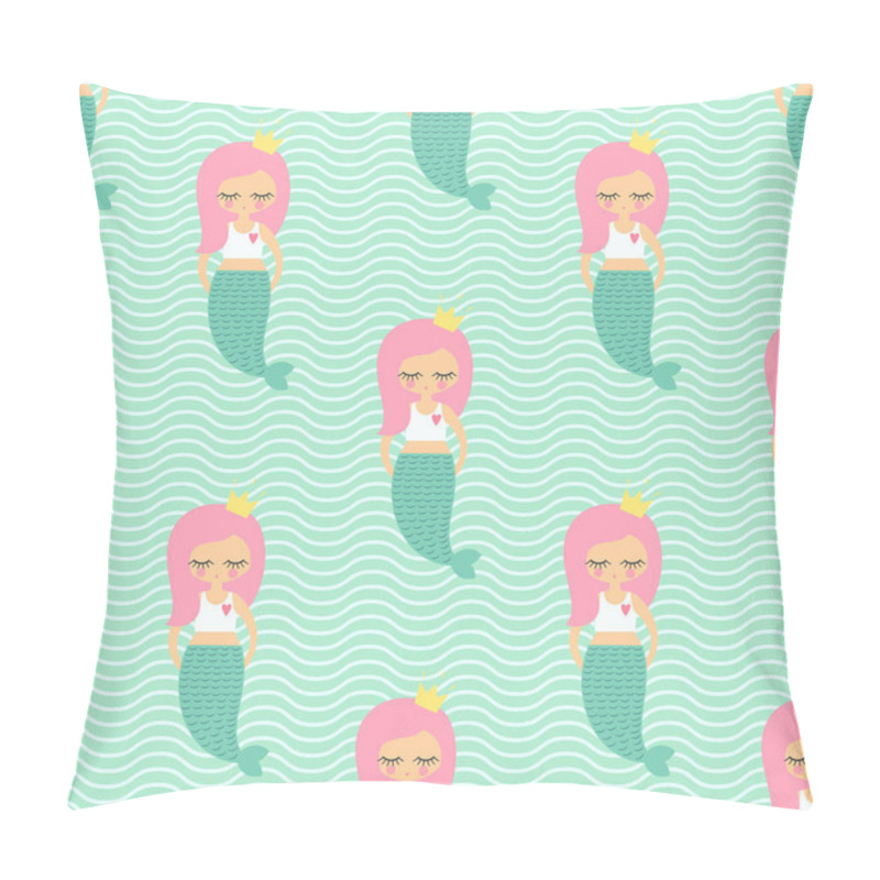 Personality  Cute Pink Hair Mermaid Girl Seamless Pattern On Mint Green Waves Background. Pillow Covers