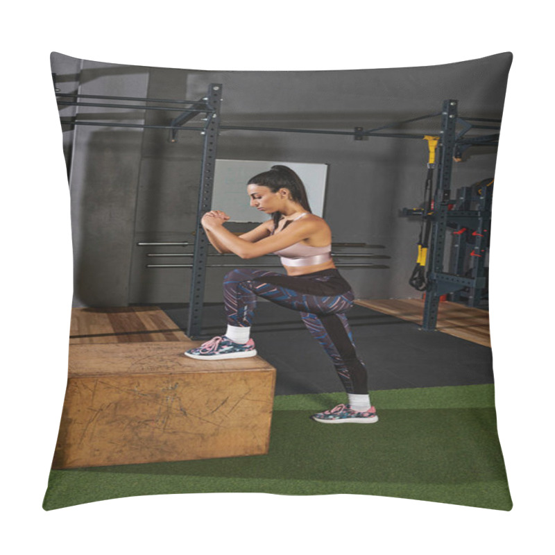 Personality  A Woman Performs A Strength Building Exercise On A Sturdy Box In A Gym Environment. Pillow Covers