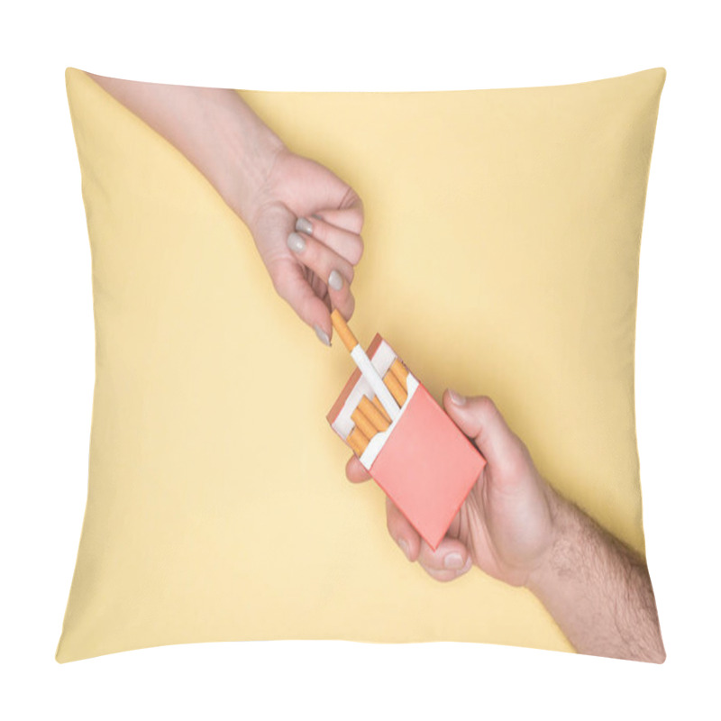 Personality  Partial View Of Man Treats Woman With Cigarette Isolated On Yellow Pillow Covers