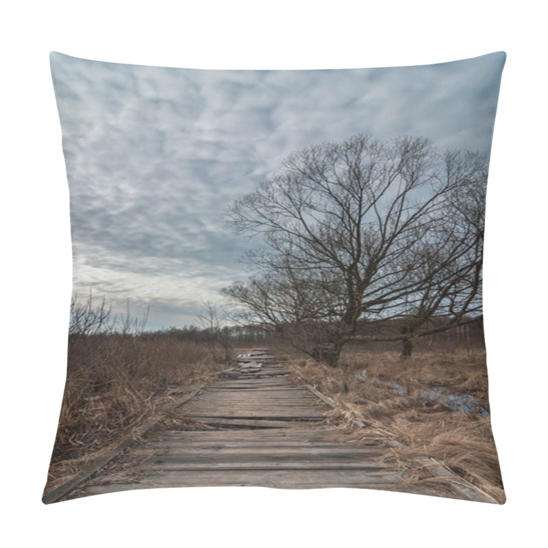 Personality  Old Broken Wooden Walkway Through A Marshy Terrain And A Tree Under A Dramatic Sky. Early Spring Pillow Covers