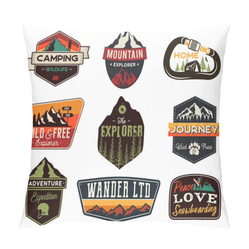 Personality  Vintage Outdoors Logos Set. Hand Drawn Mountain Travel Badges, Wildlife Emblems. Camping Labels Concepts. Explorer Illustrations. Stock Vector Patches Isolated On White Background Pillow Covers