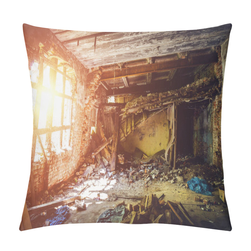 Personality  Inside Ruined Abandoned House Building After Disaster, War, Earthquake, Hurricane Or Other Natural Cataclysm Pillow Covers