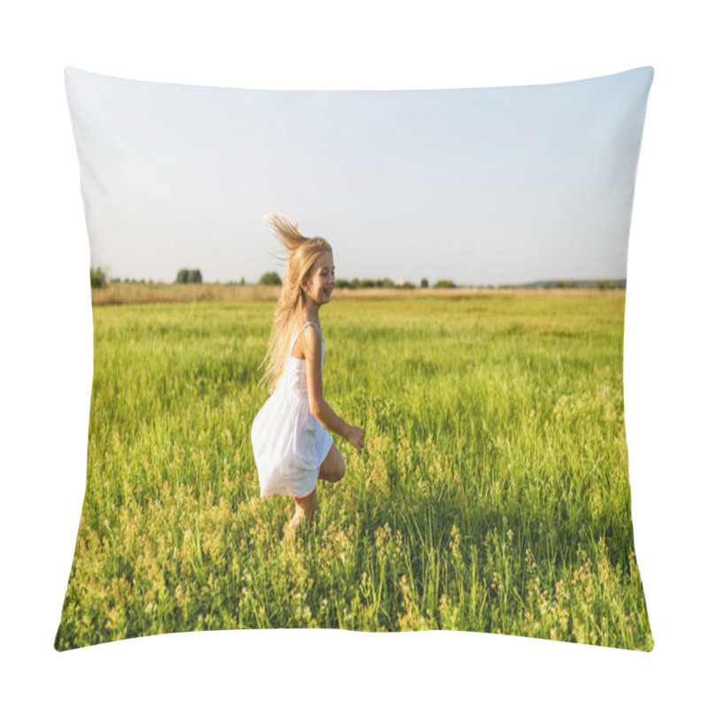 Personality  Adorable Little Child Running By Green Field Under Sunset Rays Pillow Covers