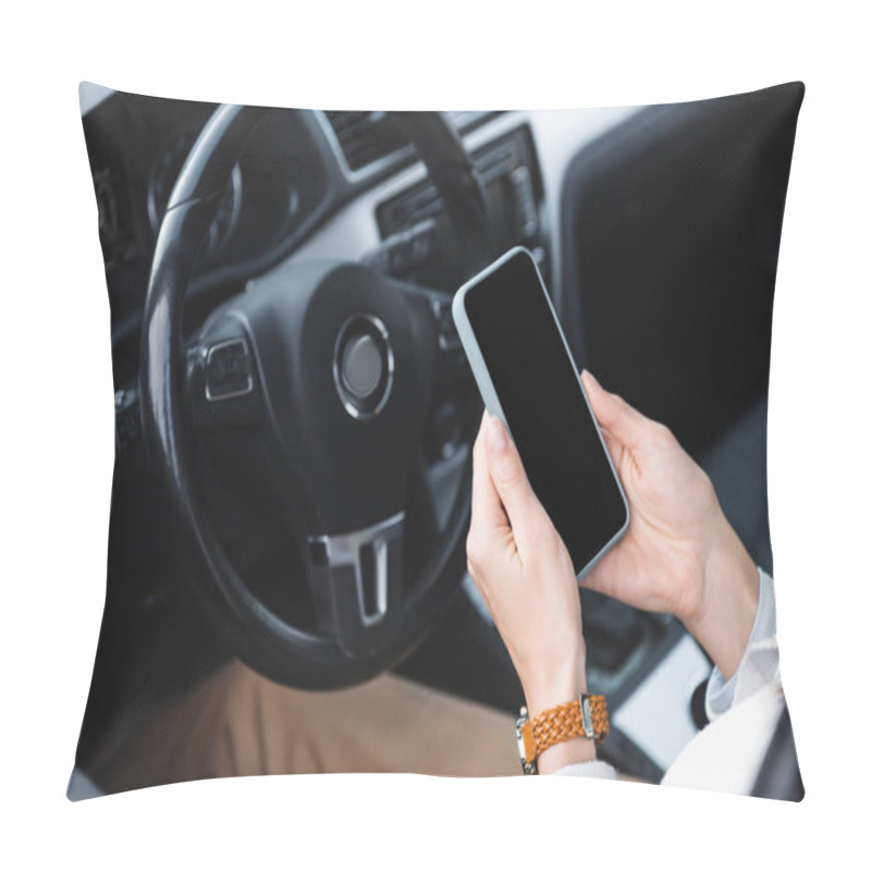 Personality  Partial View Of Woman In Wristwatch Holding Smartphone With Blank Screen Near Steering Wheel On Blurred Background Pillow Covers