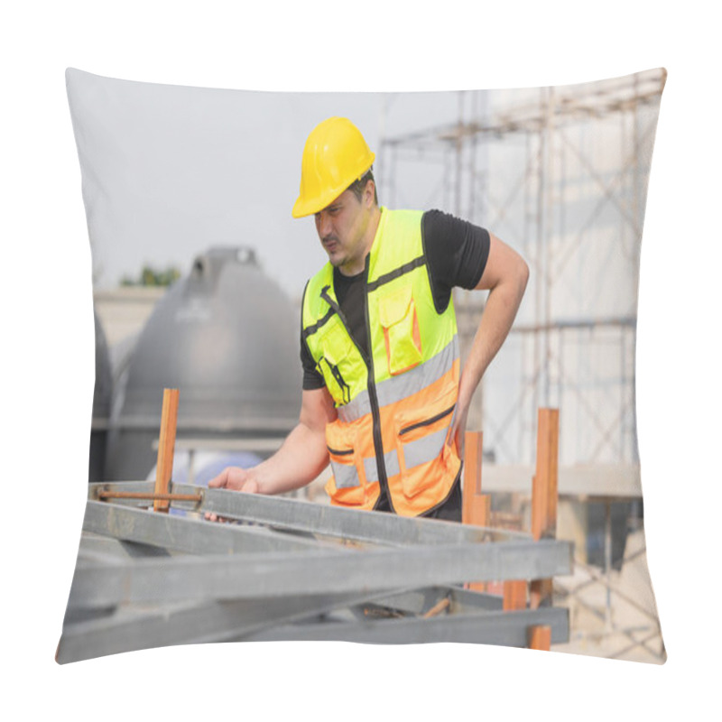 Personality  Construction Worker In Safety Vest And Hard Hat Inspecting Structure At Building Site, Experiencing Low Back Pain. Concept Of Occupational Health And Safety. Pillow Covers