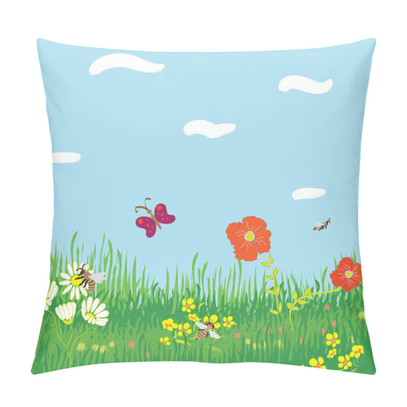 Personality  Seamless Horizontal Background With Grass, Flowers, Butterfly ,bees,sky And Clouds Pillow Covers