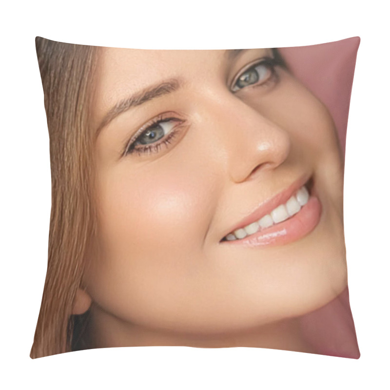 Personality  Beauty, Makeup And Skincare Cosmetics Model Face Portrait On Pink Background, Smiling Woman With Natural Makeup, Perfect Healthy Teeth, Dental Care Closeup Pillow Covers