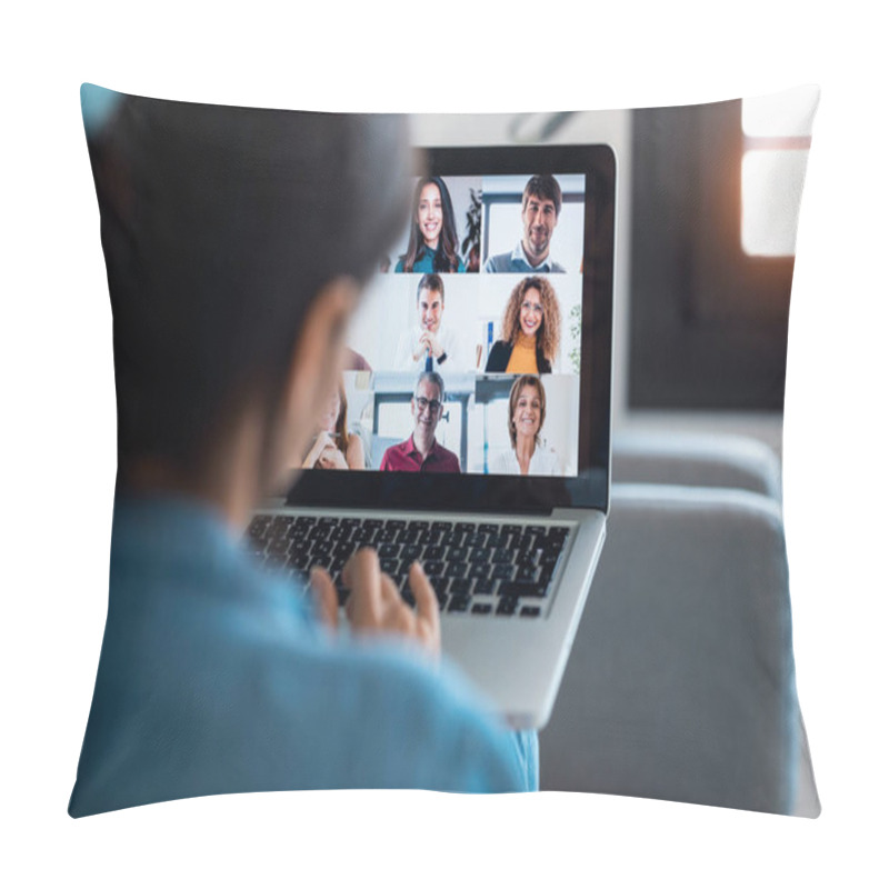 Personality  Back View Of Business Woman Speaking On Video Call With Diverse Colleagues On Online Briefing With Laptop On Sofa At Home. Pillow Covers