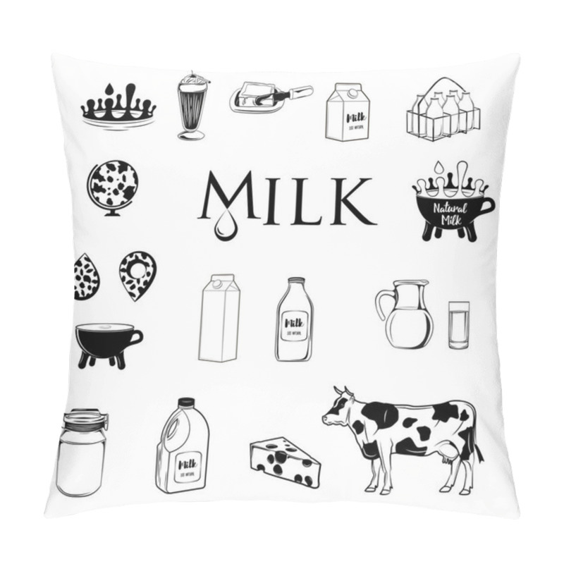 Personality  Milk Dairy Products Icons Set. Cow, Milk Jug, Cup, Milk Shake. Vector Illustration. Pillow Covers