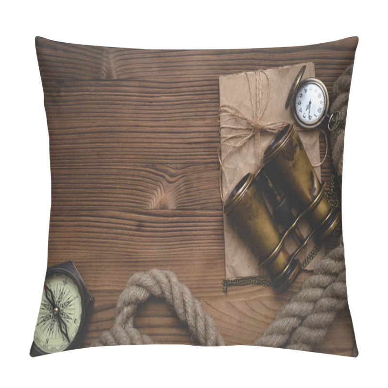 Personality  Travel Or Adventure Flat Lay Background With Copy Space. Adventurer Table. Binoculars, Parchment, Moorings, Compass And Pocket Watch On The Table. Pillow Covers