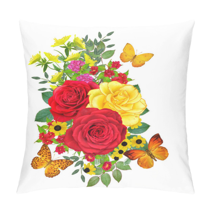 Personality  Flower Composition. A Bouquet Of Yellow, Red, Crimson Roses, Bright Little Flowers, Green Leaves, Beautiful Orange Butterflies. Isolated On White Background. Pillow Covers