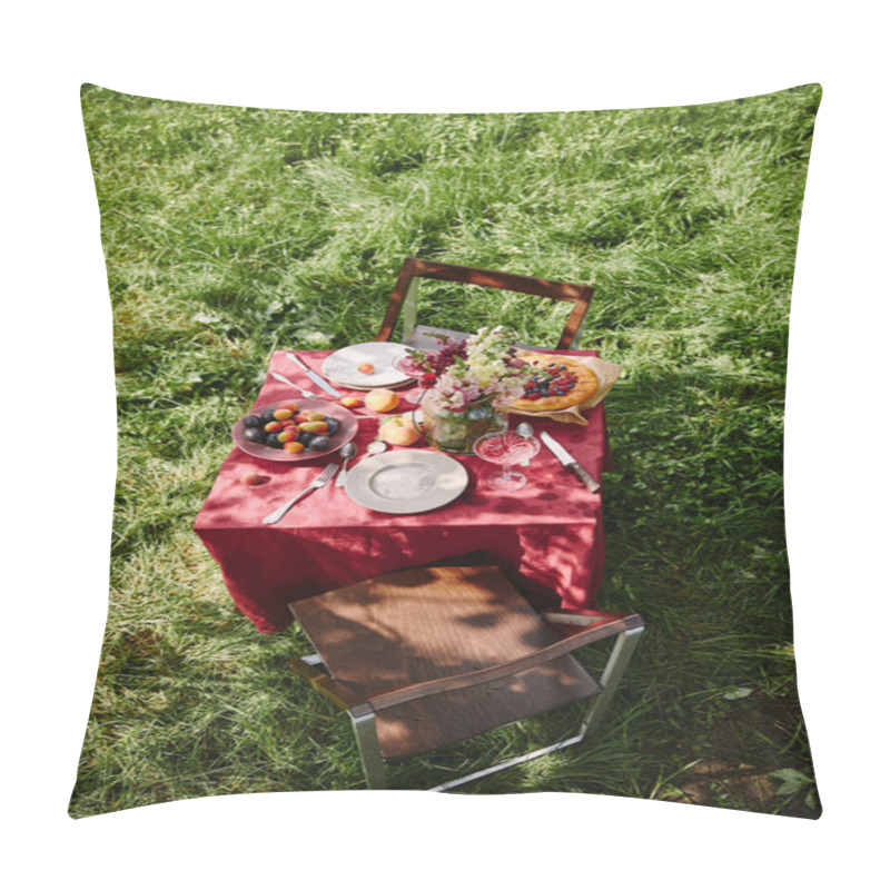 Personality  High Angle View Of Table With Fruits And Pie In Garden Pillow Covers