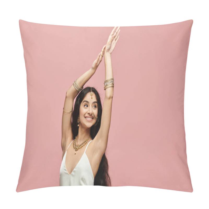 Personality  A Graceful Young Indian Woman Poses In A White Dress Against A Vibrant Pink Backdrop. Pillow Covers