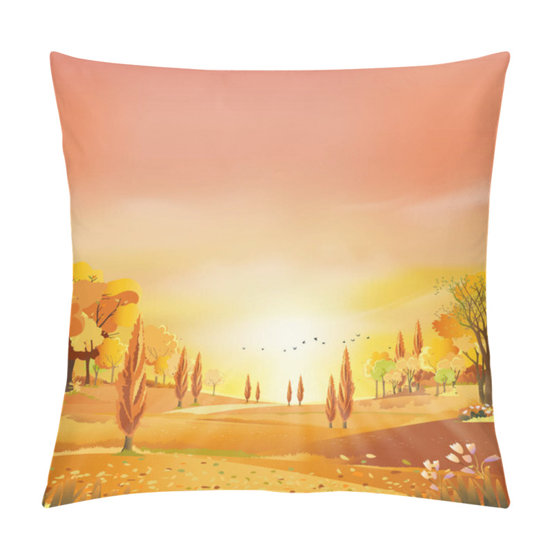 Personality  Autumn Rural Landscape In Evening Light With Sunset, Yellow,pink,orange Sky Background,Vector Cartoon Fall Season At Countryside With Forest Tree And Grass Field With Sunrise,Backdrop Natural Banner  Pillow Covers