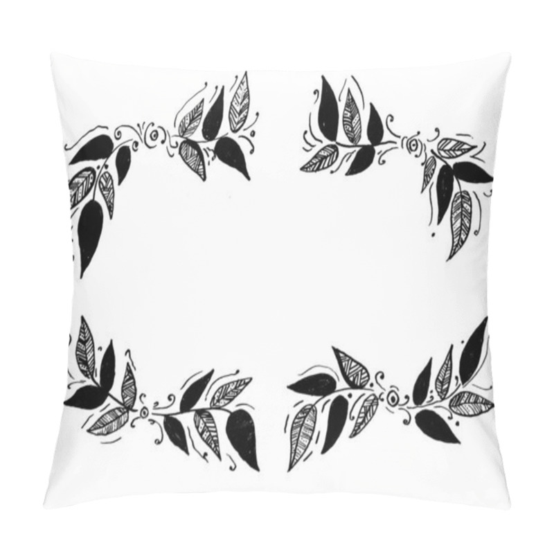 Personality  Frame, Framing Of Leaves. White Background And Copy Space. Leaves Of Different Shapes And Sizes, Filled With Decor. Lines, Dots, Ornament Or Fill. Black Color. Doodle. Dots, Swirls Around. Isolated. Pillow Covers