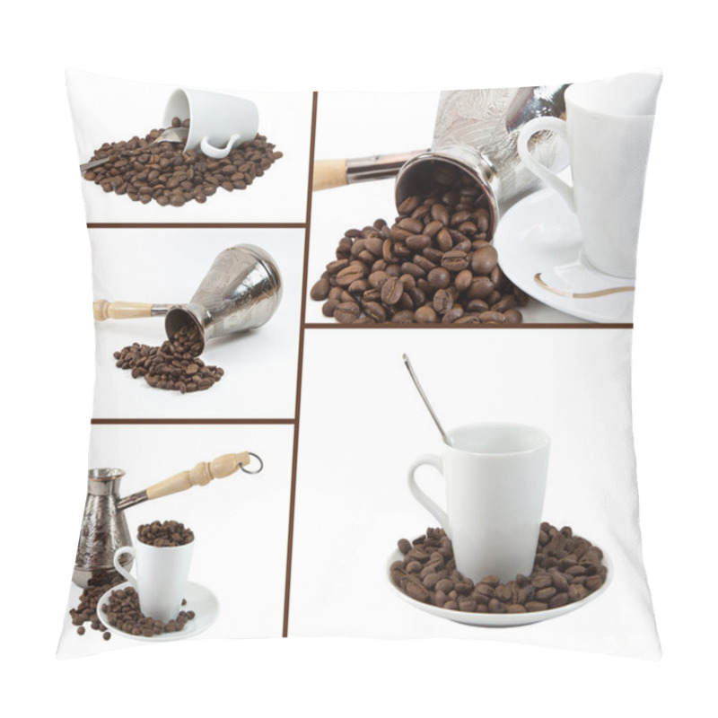 Personality  Collage Coffee Make, Coffee Grains, Cup Of Coffee On White Backg Pillow Covers