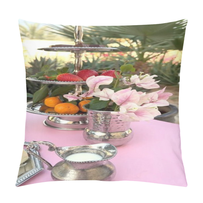 Personality  Fruits Displayed On Tiered Stand With Smooth Creamy Dessert, Polished Silver Tray And Delicate Flower In Silver Vase Adding Charm To Balanced Fruits And Dessert Presentation. Luxurious Table Concept. Pillow Covers