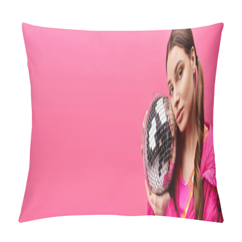 Personality  Young Woman In 20s Holding Disco Ball In Front Of Her Face, Creating A Whimsical And Mysterious Spectacle Against Pink Backdrop. Pillow Covers