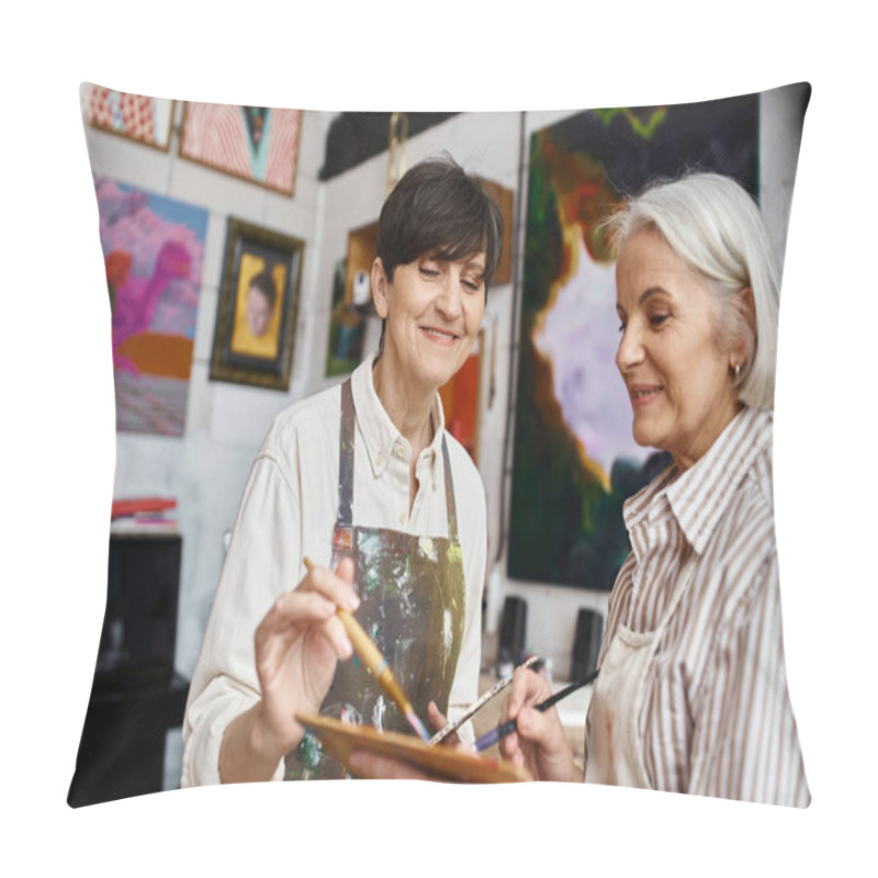 Personality  Two Women, Painting Together In An Art Studio. Pillow Covers