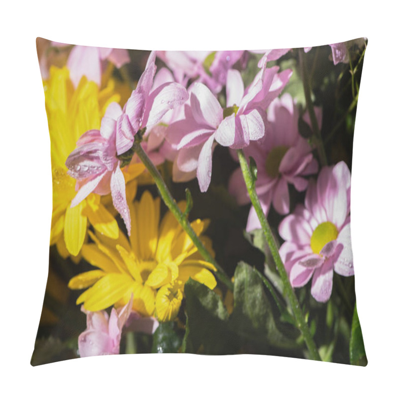 Personality  Close Up View Of Fresh Violet And Yellow Daisies With Water Drops Pillow Covers