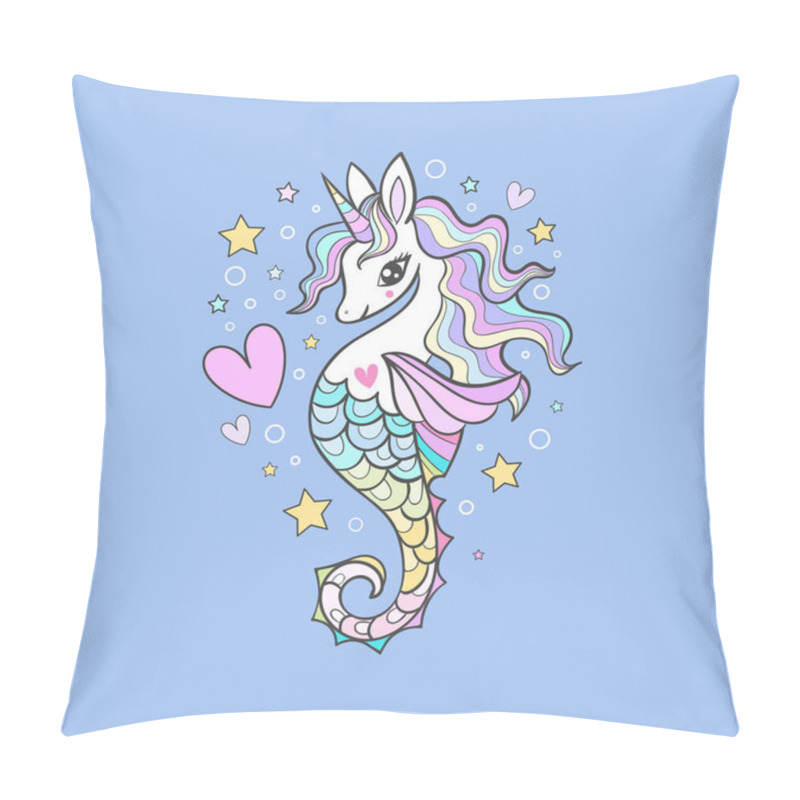 Personality  Seahorse, Unicorn With A Rainbow Mane And Heart. Cartoon Style. Children's Illustration. Sea Theme. For The Design Of Postcards, Prints, Posters, Stickers. Vector Pillow Covers