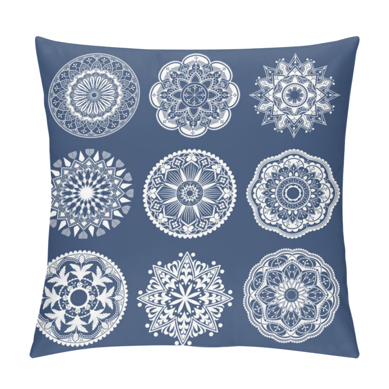 Personality  White Mandala Patterns Set On Blue Background Pillow Covers