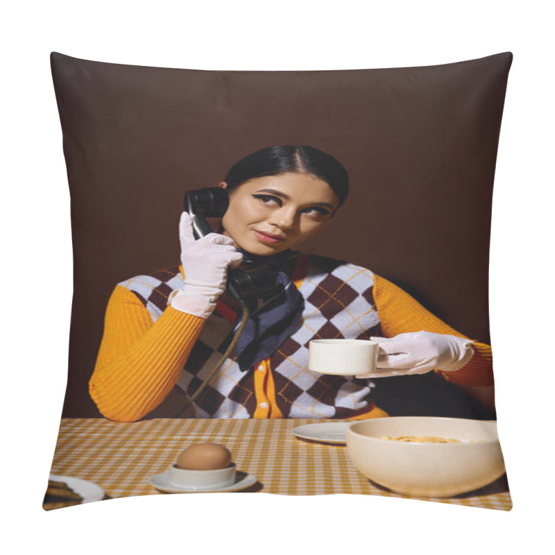 Personality  A Woman In A Fashionable Outfit Poses While On A Rotary Phone And Holding A Cup Of Coffee. Pillow Covers