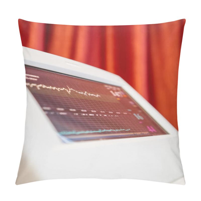 Personality  Detailed Focus On A Hospital Medical Device Showing Patient Vital Signs Data On A Screen. Vital Health Graph And Figures Are Illustrated With Medical Equipment In A Clinical Setting. Pillow Covers