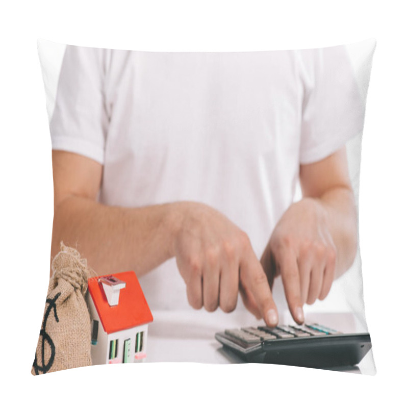 Personality  Partial View Of Man Calculating Near Moneybag And House Model Isolated On White, Mortgage Concept Pillow Covers