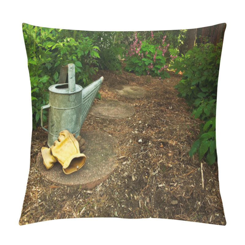 Personality  An Old Watering Can And Gloves Sit On A Garden Path In The Woods Pillow Covers