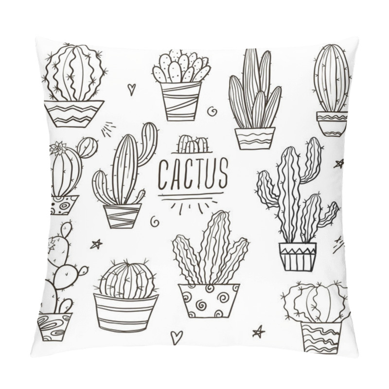 Personality  Cute Cactus And Succulents Collection With Doodle Outline Illustrations. Botanical Set With Different Cacti Pillow Covers