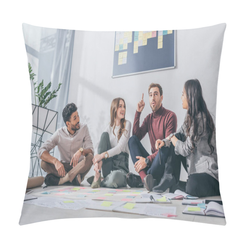 Personality  Happy Multicultural Scrum Masters Sitting On Floor And Looking At Man With Idea  Pillow Covers