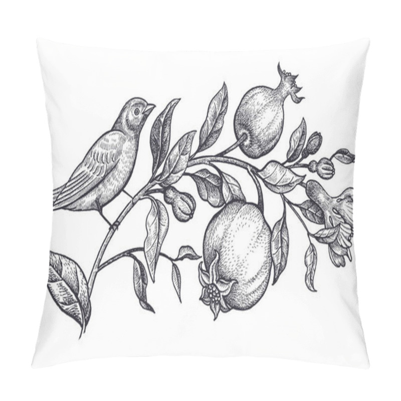 Personality  Decoration With Bird And Flowers. Realistic Hand Drawing Nightingale And Branch With Pomegranate Isolated On White Background. Vector Illustration Art. Black And White Sketch. Vintage Engraving. Pillow Covers