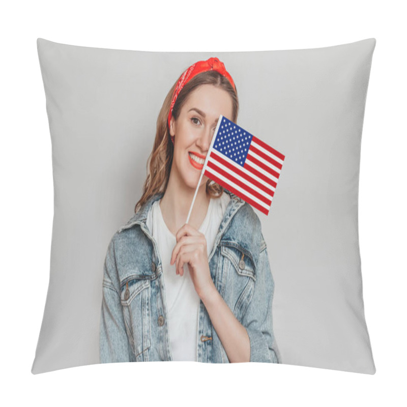 Personality  Happy Young Girl Student With Red Lipstick Holds A Small American Flag And Smiles Isolated Over Grey Background, Girl Holding USA Flag, 4th Of July Independence Day, Copy Space Pillow Covers