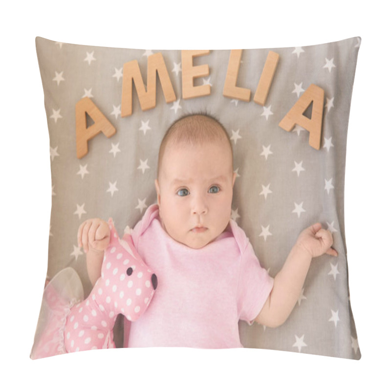 Personality  Cute Baby Lying On Bed With Toy And Word AMELIA Composed Of Wooden Letters. Choosing Name Concept Pillow Covers