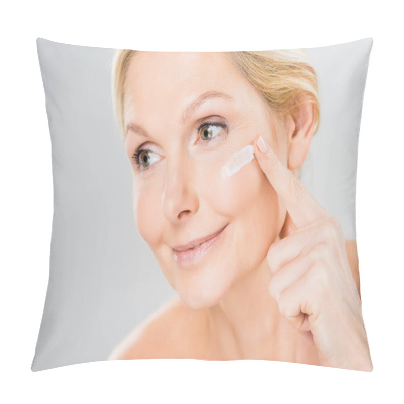 Personality  Beautiful And Mature Woman Looking Away And Applying Cosmetic Cream On Face  Pillow Covers