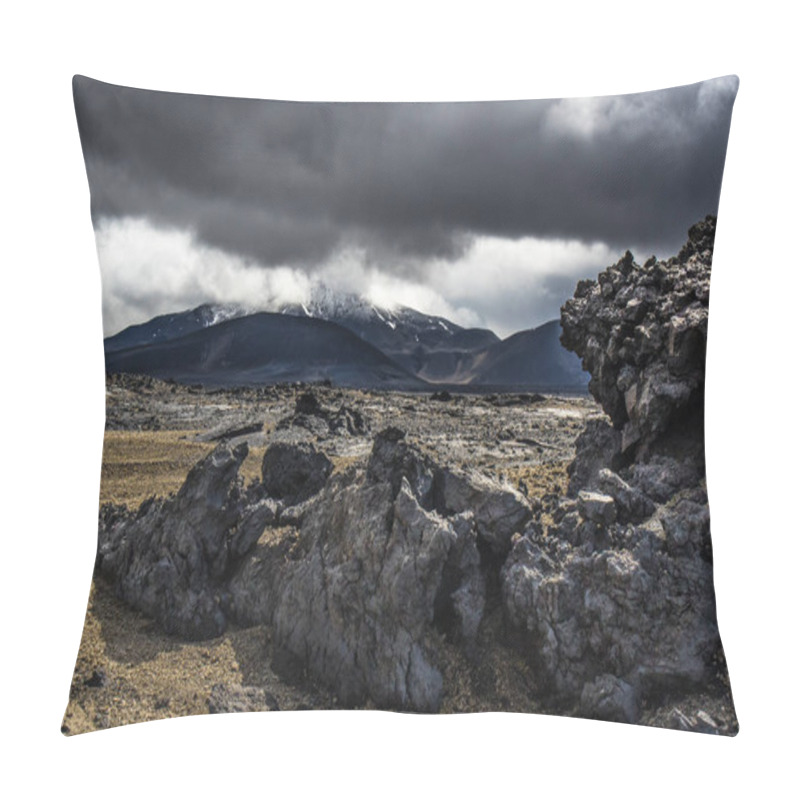 Personality  Dramatic Icelandic Lava Landscape  In The Central Highlands. Weathered Lava In Foreground And Mountains And Stormy Sky Background Pillow Covers