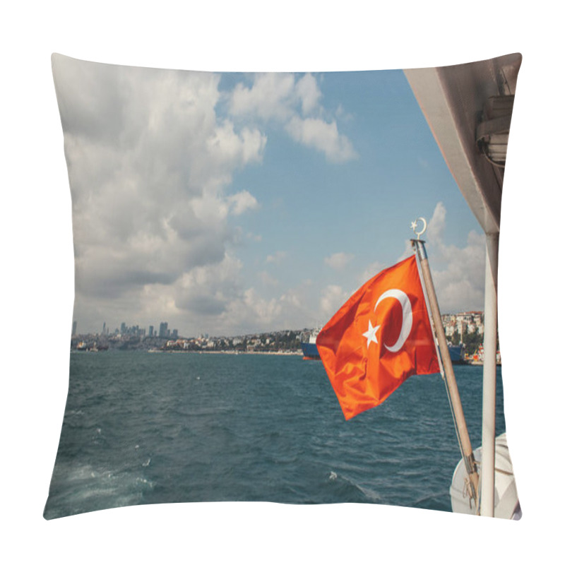 Personality  Red Turkish Flag On Ship In Sea With Istanbul At Background, Turkey  Pillow Covers