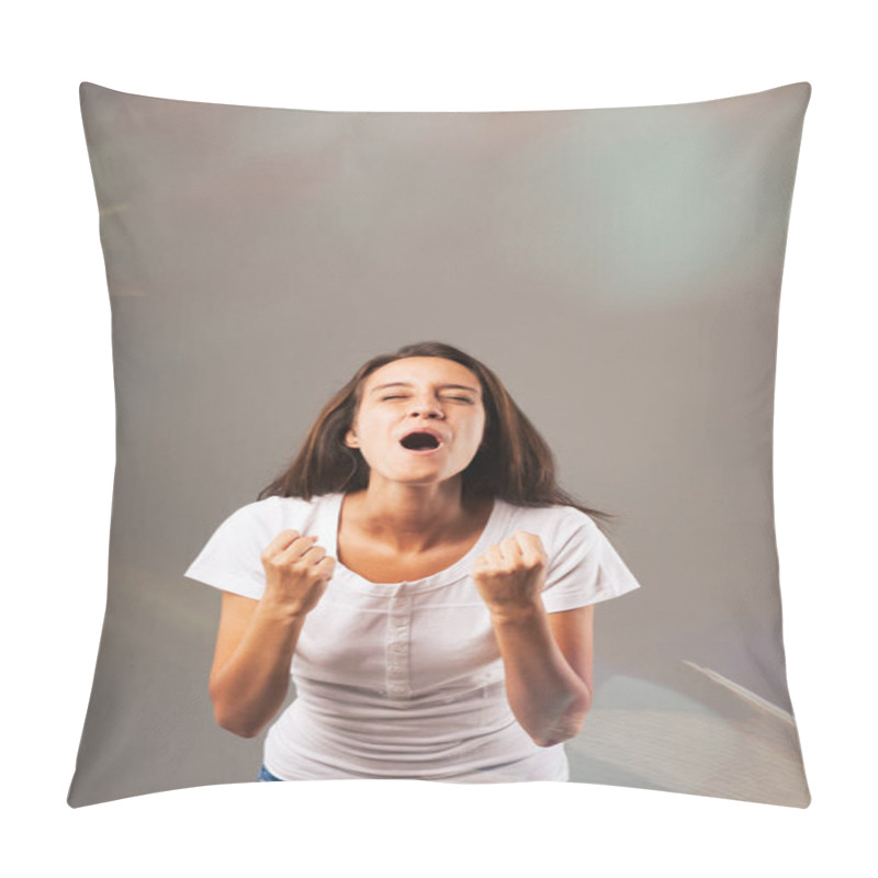 Personality  'Yes! Hooray!' Long-haired Woman In A White Shirt Displays Exultation And Satisfaction For Success And Victory. Colored Lights, Glows Amplify The Positivity Pillow Covers