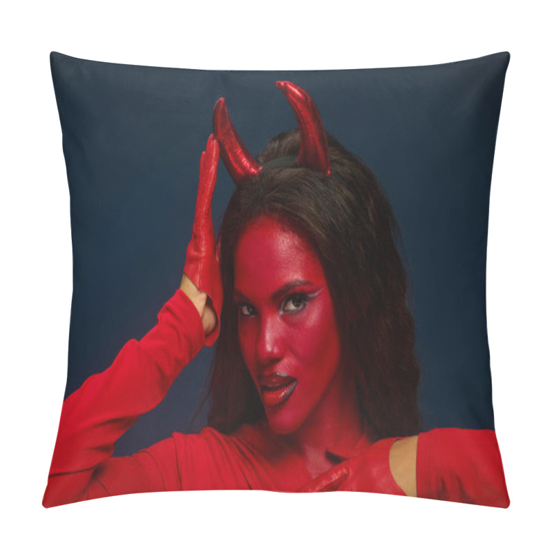 Personality  Dressed In Vibrant Red, A Captivating Woman Playfully Poses, Embodying Halloween Spirit. Pillow Covers