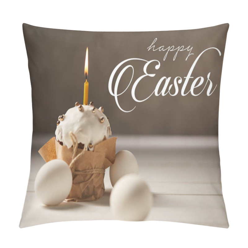 Personality  Traditional Easter Cake With Burning Candle And White Chicken Eggs On Brown Background With Happy Easter Lettering Pillow Covers