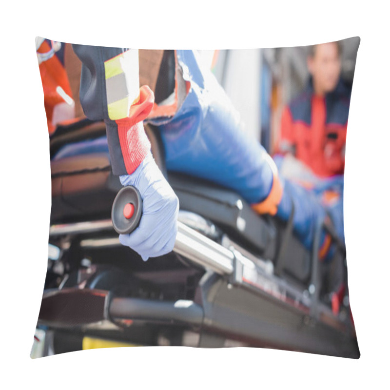 Personality  Selective Focus Of Paramedic In Latex Glove Holding Stretcher With Patient Outdoors  Pillow Covers