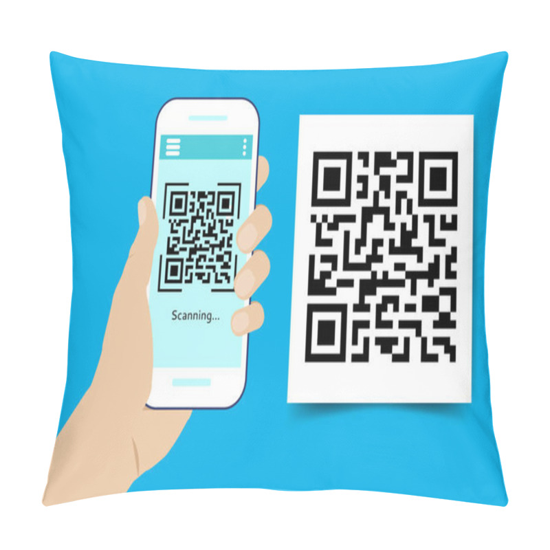 Personality  Hand With A Phone Scanning A QR Code On The Screen. Cashless Technology Concept. Online Payment, Money Transfer. Vector Illustration. Flat Style Pillow Covers